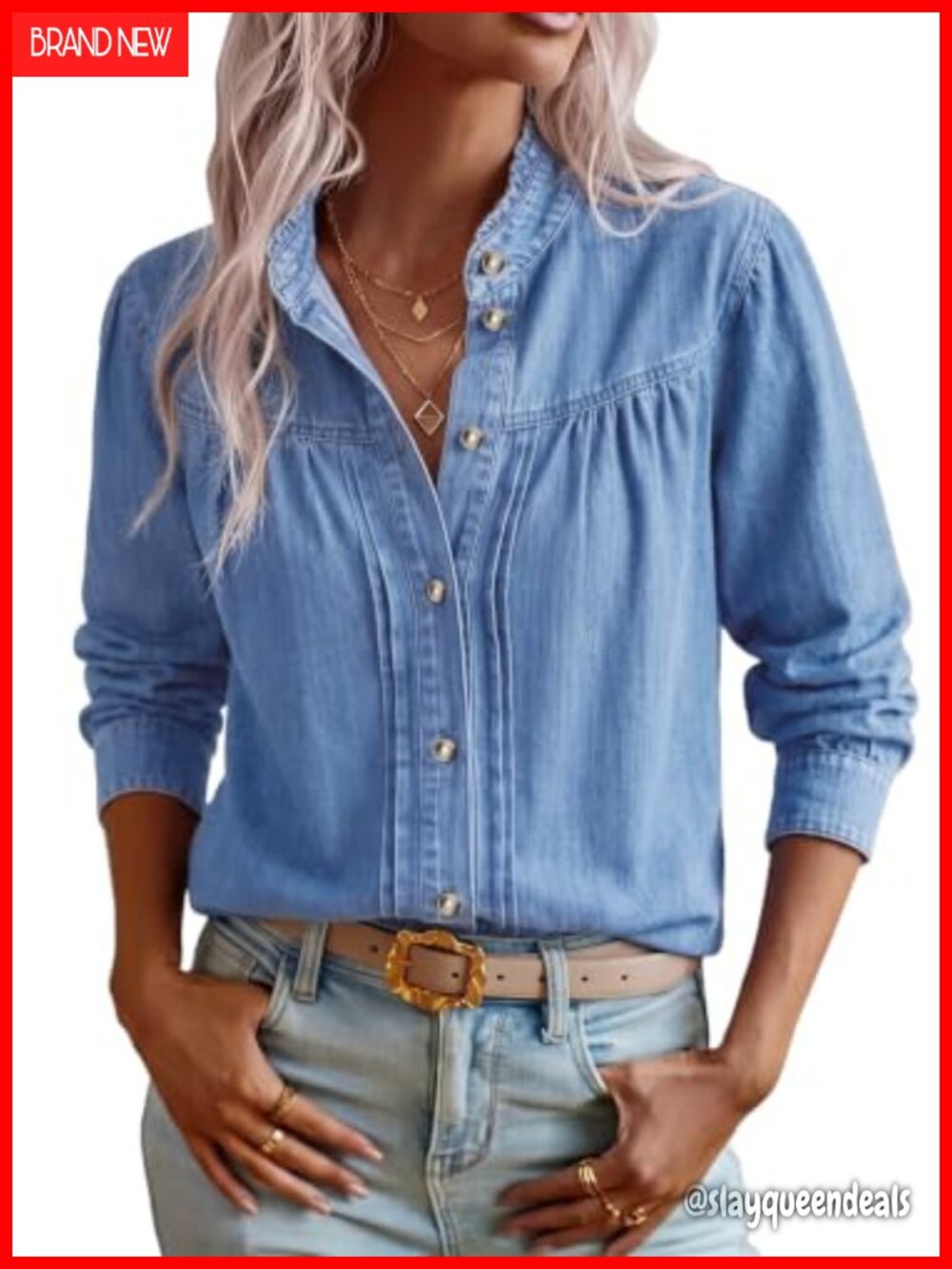 Sidefeel Women's Denim Button Down Shirt Long Sleeve Jean Blouse Top